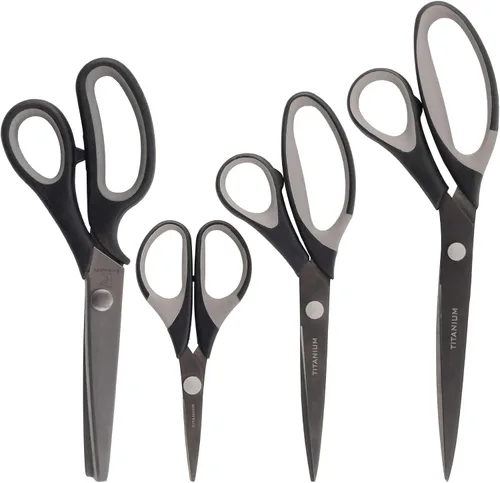 Vista 16 de BambooMN Juego de tijeras de titanio Softgrip para costura, arte, manualidades, oficina, 1 juego de 3 unidades, negro con incrustaciones grises