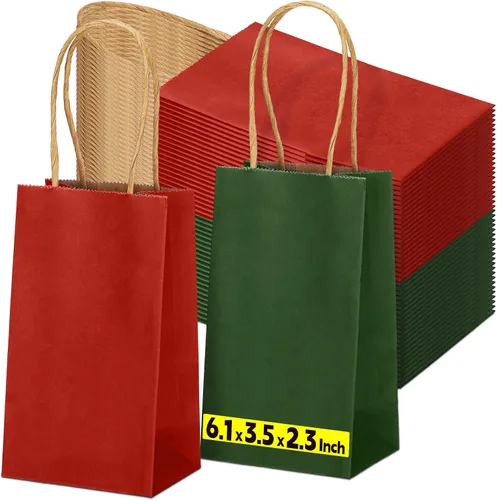 Vista 7 de Tenceur 100 bolsas de regalo de Navidad rojas y verdes, bolsas de papel kraft con asas, regalo de vacaciones para boda, baby shower, despedida