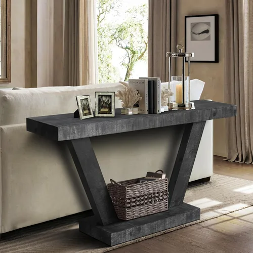 Vista 5 de Henf Mesa consola de 60 pulgadas moderna de madera para sofá de entrada detrás del sofá con base de soporte triangular para pasillo, entrada, sala