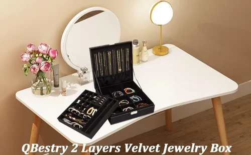 Vista 6 de QBeel - Cajas de joyería negras para mujeres hombres y niñas organizador de joyas de 2 capas con candado organizador grande de almacenamiento