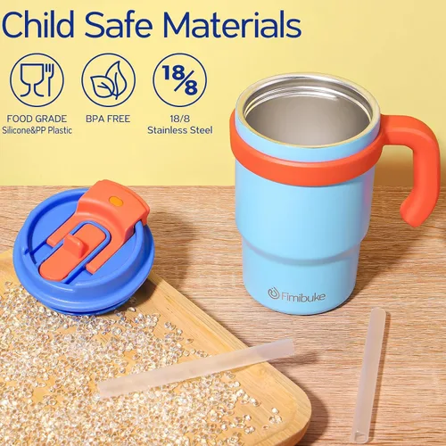 Vista 2 de Fimibuke Taza térmica para niños con asa y pajita - 16 oz Vaso a prueba de fugas para niños pequeños con tapa 2-en-1 de sorbo/trago, sin BPA