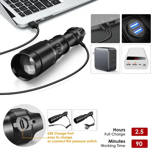 Vista 4 de Linterna verde LED 1605N para caza nocturna, lente Fresnel con zoom y luz verde depredador con interruptor de atenuación rápido y soporte, linterna