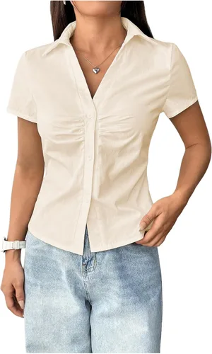 Vista 5 de SweatyRocks - Blusas con botones fruncidos, cuello en V, manga corta, camisas de trabajo para mujer