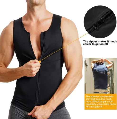 Vista 3 de Camiseta de compresión para hombre, chaleco moldeador de cuerpo, sin mangas, con cremallera, camiseta sin mangas, faja moldeadora para el estómago