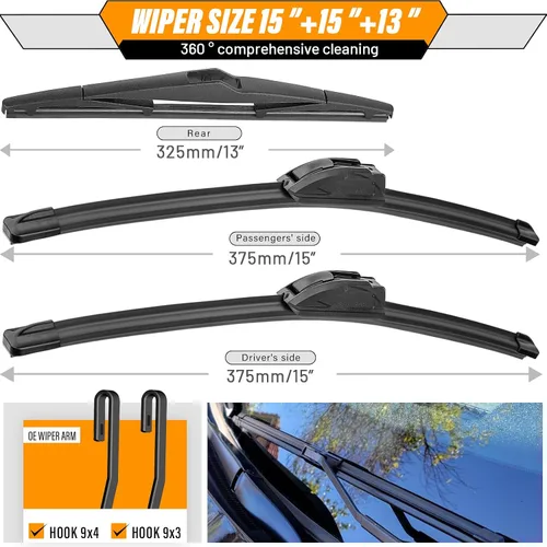 Vista 3 de AUTOBOO Limpiaparabrisas de 15 + 15 pulgadas con limpiaparabrisas trasero de 13 pulgadas de repuesto para Jeep Wrangler JK 2008-2018, Jeep Wrangler