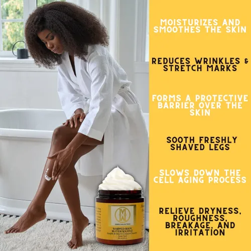 Vista 2 de OMM Collection Soufflé de mantequilla corporal batida natural para piel seca y dañada - Manteca de karité batida con vitamina E y A, aceite de coco