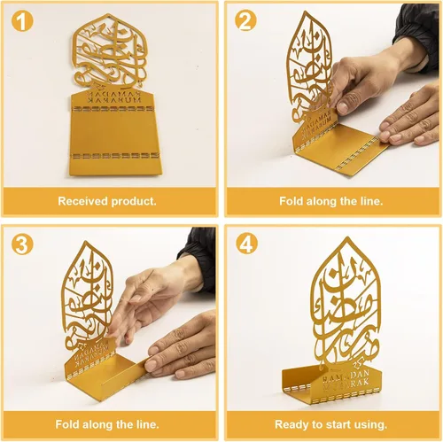 Vista 3 de 3 piezas de decoración de Ramadán de metal dorado para el hogar 2026, letrero de Eid Mubarak Kareem, centro de mesa islámico, decoración