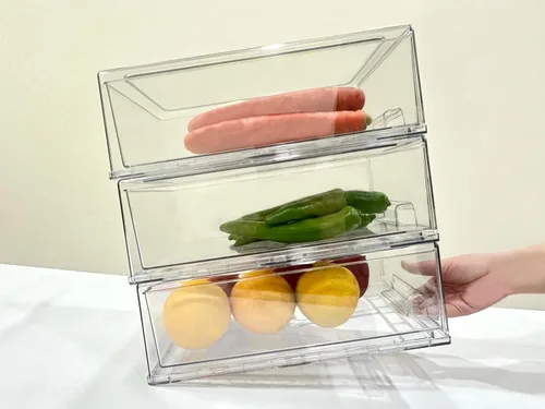 Vista 4 de Cajones de almacenamiento apilables, organizador extraíble transparente con asas y almohadillas antideslizantes para cocina, refrigerador