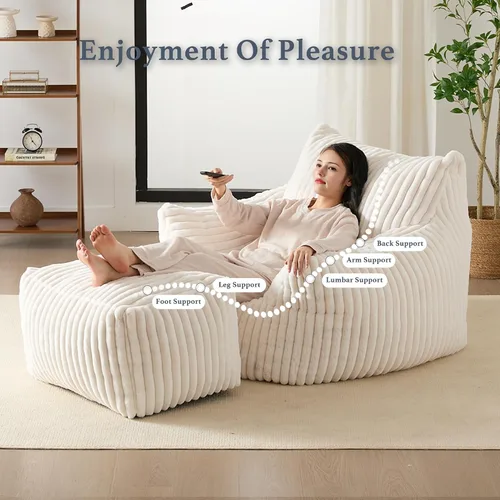 Vista 5 de Puf Chaise Lounge de Gran Tamaño para Interiores para Adultos con Reposabrazos y Otomana - Puf Gigante Cómodo Beige Perezoso para el Suelo, Sofá