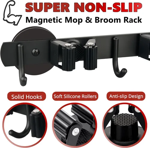 Vista 3 de ULIBERMAGNET Soporte Magnético para Trapeador y Escoba, Soporte Magnético de Servicio Pesado Móvil para Escobas, Colgador Antideslizante Montado