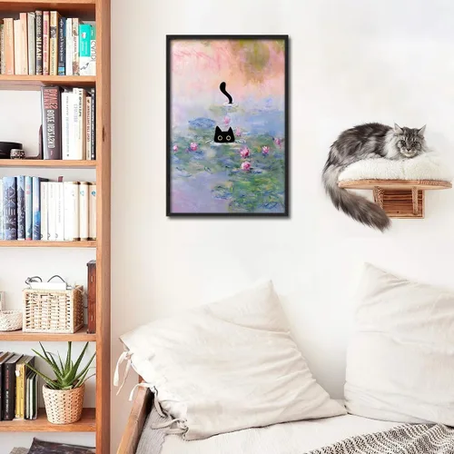 Vista 5 de Arte de pared divertido enmarcado de gato Monet Waterlily Cat Poster para habitación decoración estética, lindas imágenes de gato negro, impresiones