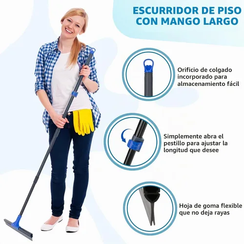 Vista 2 de Escurridor de Piso con Mango Telescópico Largo de 59'', Escoba de Goma Resistente de 18" para Hormigón, Azulejos de Baño, Garaje, Terraza