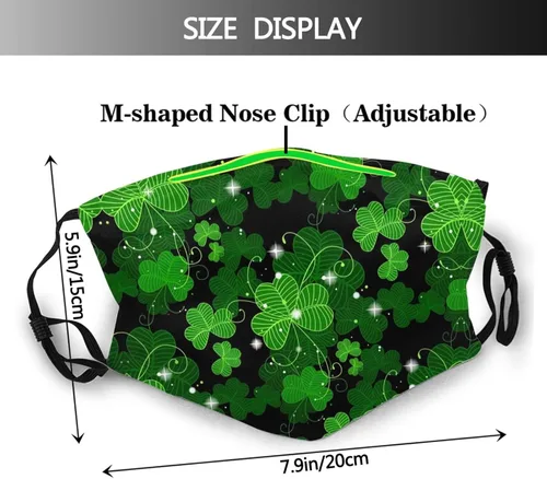 Vista 2 de Máscara facial del día de San Patricio para hombres mujeres adolescentes máscara de tréboles lavable reutilizable con 2 filtros