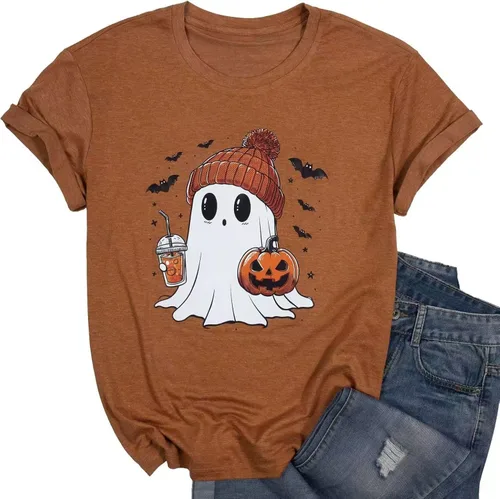 Vista 26 de Woffccrd - Camisetas divertidas con estampado de calabaza y leopardo para mujer, camisetas gráficas de manga corta de Halloween para mujer