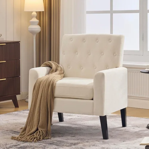Vista 3 de Sillas decorativas modernas de mediados de siglo, silla de oficina de felpilla beige para recepción, silla de club tapizada para sala de estar