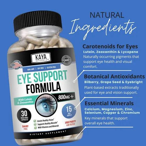 Vista 5 de Kaya Naturals Suplemento de salud ocular, luteína y zeaxantina, salud de la visión, apoyo a la fatiga ocular 800 mg Suplemento vitamínico 30 cápsulas