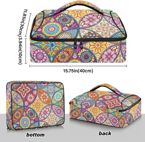 Vista 3 de Porta platos de cazuela de mandala, portátil, a prueba de fugas, aislado, para alimentos calientes o fríos, viajes, fiestas, picnic