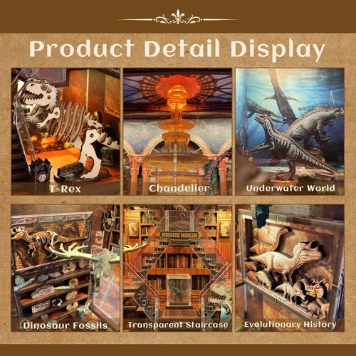 Vista 3 de Kit de Rincón de Libros para Adultos - Museo de Dinosaurios DIY Booknook, Rompecabezas de Casa de Muñecas de Madera 3D con Luces LED, Decoración