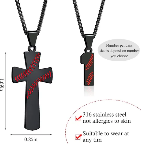 Vista 4 de Inspiration - Collares de béisbol, collar con número de camiseta de béisbol y colgante de cruz de acero inoxidable, regalo de béisbol personalizado