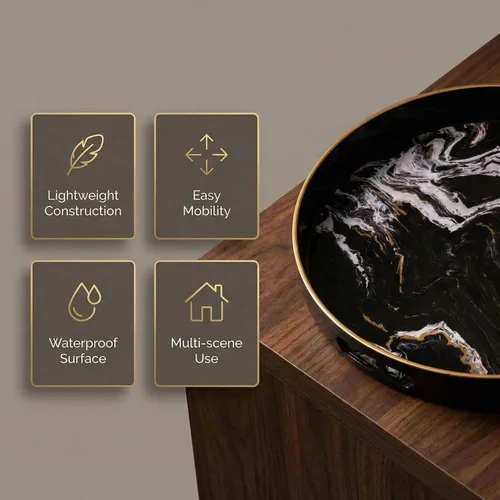Vista 6 de Bandeja decorativa redonda, plástico mármol con asas, tocador moderno y para servir otomana, mesa auxiliar, cocina y baño, tamaño 13 pulgadas, negro
