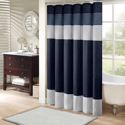 Vista 20 de Madison Park Amherst - Cortina de ducha para baño, 72 x 72 pulgadas, seda sintética, color aguamarina Clásico moderno, brillo ligero, a rayas