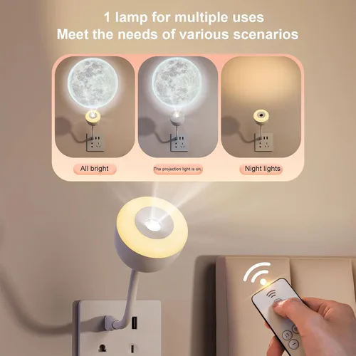 Vista 2 de Proyector de luz nocturna de luna, lámpara de proyector USB con 3 modos LED ambientales, control remoto, luz nocturna, dormitorio, sala de estar