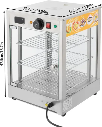 Vista 5 de Calentador de pizza de 3 niveles, calentador eléctrico de alimentos comercial con iluminación estantes extraíbles para encimera, calentador