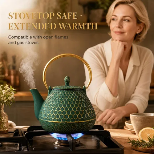 Vista 2 de YJX 54oz Cast Iron Tea Kettle for Stovetop, Green Teapot Japanese Tetsubin, Enameled Interior, Heavy and Durable, Large Tea Pot With Infuser for