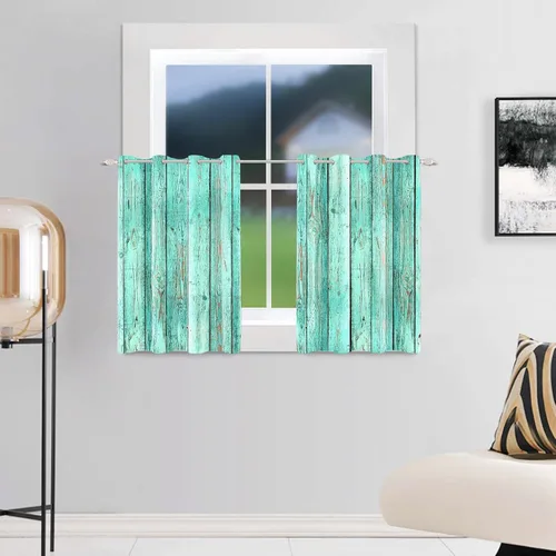 Vista 3 de Cortinas opacas rústicas para puerta de granero, color azul y verde, tablones de madera antigua, granja, campo, vida rural, sala de estar