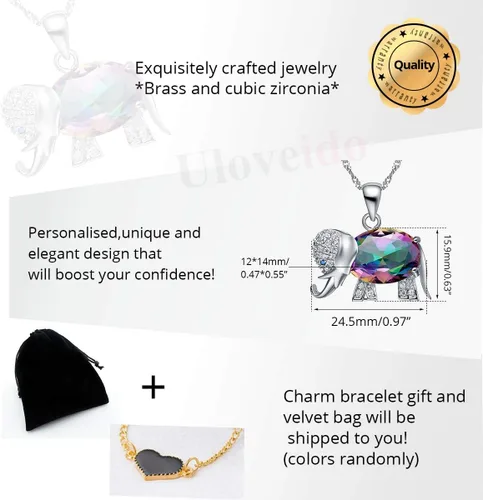 Vista 7 de Uloveido Collar colgante de elefante de la suerte de topacio místico arco iris regalos día N1154
