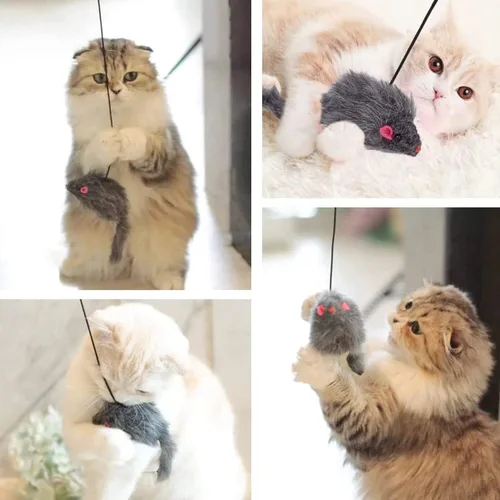Vista 4 de Juguetes de ratones para gatos de interior – Paquete de 3 juguetes para gatos colgantes con borla – Juguete retráctil para gatos con cuerda, ratón