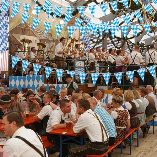 Vista 5 de Ahfulife Pancarta de bandera bávara de Oktoberfest de 32.8 pies para decoraciones de Oktoberfest, pancarta de Oktoberfest con 30 banderas