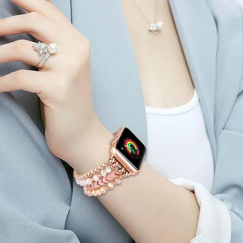 Vista 2 de fastgo - Correa de pulsera con cuentas compatible con Apple Watch de 45mm/44mm/42mm/49mm, para mujer, serie 7, correa elástica de moda para iWatch