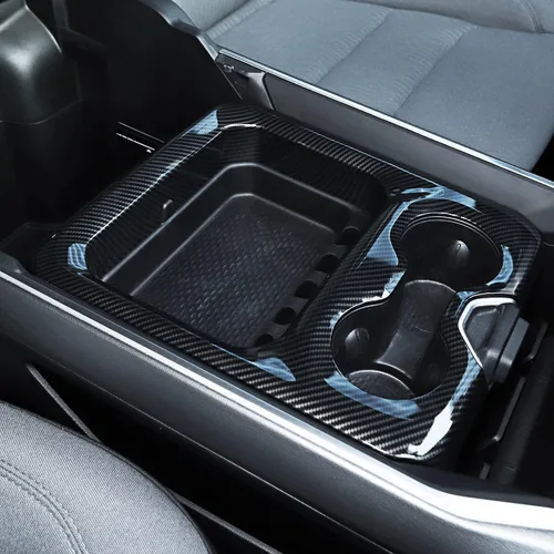 Vista 3 de Cubierta de panel de consola central de fibra de carbono con portavasos para apoyabrazos delantero Compatible con 2019-2025 Dodge RAM 1500 2500 3500