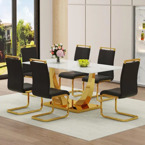 Vista 3 de Juego de mesa de comedor blanca para 6, 71 pulgadas, juego de mesa de comedor de mármol sintético para 6 Modern Dining Table Set for 6, Black PU