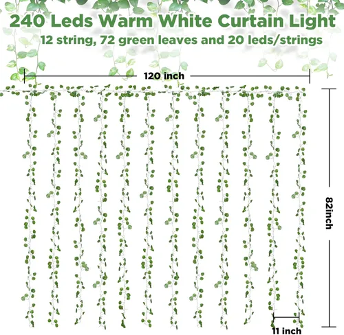 Vista 2 de Paquete de 12 Enredaderas Falsas Luces de Cadena para Cortina 240 LED 8 Modos y Temporizador Luces Colgantes de Hiedra Enredaderas para Dormitorio