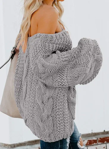 Vista 2 de Astylish - Suéter de punto trenzado para mujer estilo suelto y sexy mangas largas diseño de hombro descubierto