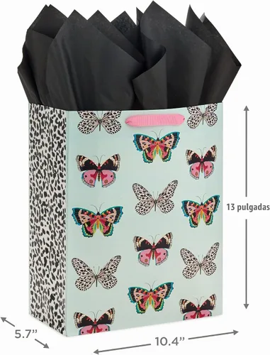 Vista 3 de Hallmark Bolsa de regalo grande de 13" con papel de seda (mariposas, verde menta, rosa, negro) para Pascua, Día de la Madre, despedidas de soltera