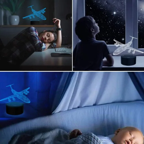Vista 3 de Lámpara de ilusión de avión 3D con luz nocturna de avión con 7 colores cambiantes, control táctil con cable USB, LED, juguete de combate, lámparas