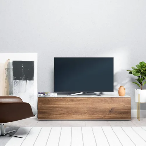 Vista 12 de SONOROUS ST-160 - Soporte de TV premium con cubierta de vidrio negro y madera blanca, centro de entretenimiento de lujo y consola multimedia