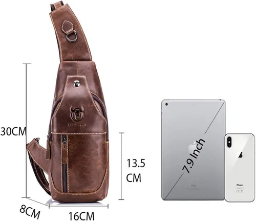 Vista 2 de Bolso bandolera de cuero genuino para hombre, mochila cruzada para el hombro, resistente al agua, antirrobo, para viajes, senderismo, escuela, Marrón