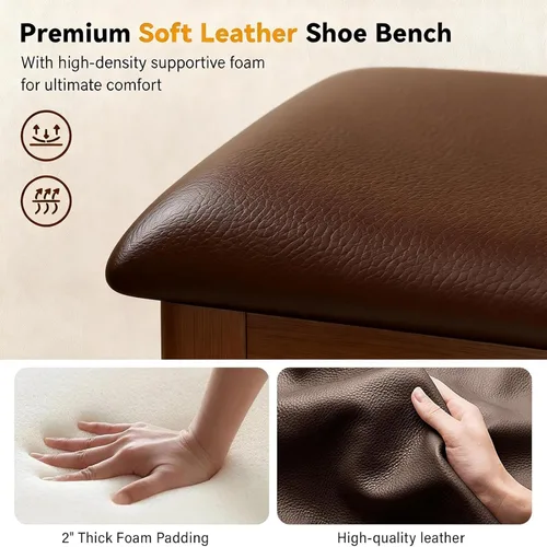 Vista 7 de Banco de almacenamiento de zapatos de madera con cojín de cuero, marrón oscuro, 39.4 pulgadas Rustic Solid Wood Entryway Bench, Shoe Rack Bench