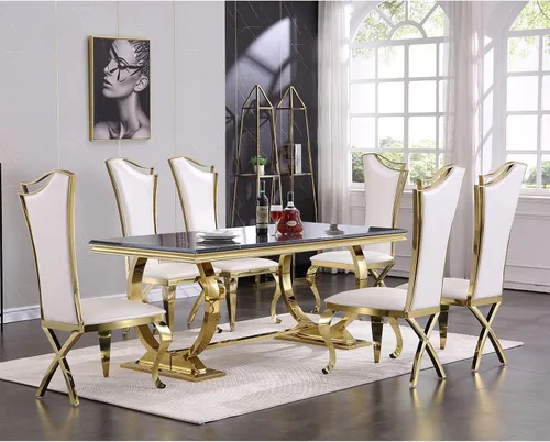 Vista 14 de ACEDÉCOR Juego de mesa de comedor de 5 piezas, mesa de comedor moderna con base en U de metal de acero inoxidable dorado, 4 sillas de comedor