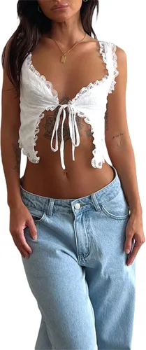 Vista 2 de Women Lace Trim Cami Tanks Sleeveless Tie Up Crop Shirt Tops Slim Fit Retro Open Front Cardigan Fairy Y2k Tank Top