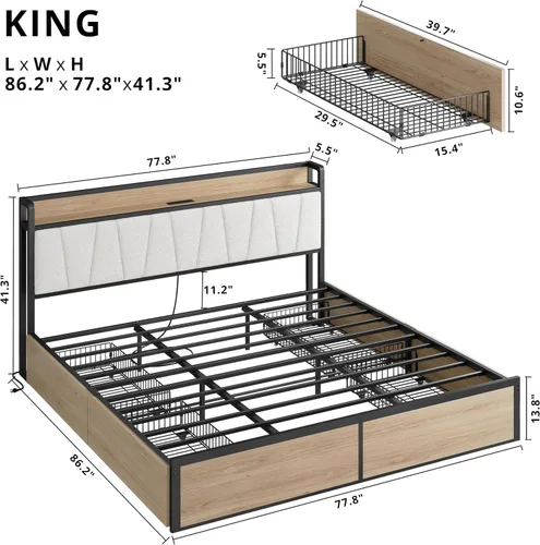 Vista 2 de LIKIMIO - Armazón de cama tamaño King con 4 cajones de almacenamiento, cama de plataforma con cabecera tapizada, resistente y estable, sin ruido,