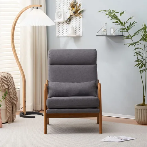 Vista 4 de SSLine Sillón tapizado moderno de tela de lino suave con almohada y marco de madera de roble, cómodo sofá individual con respaldo alto, silla