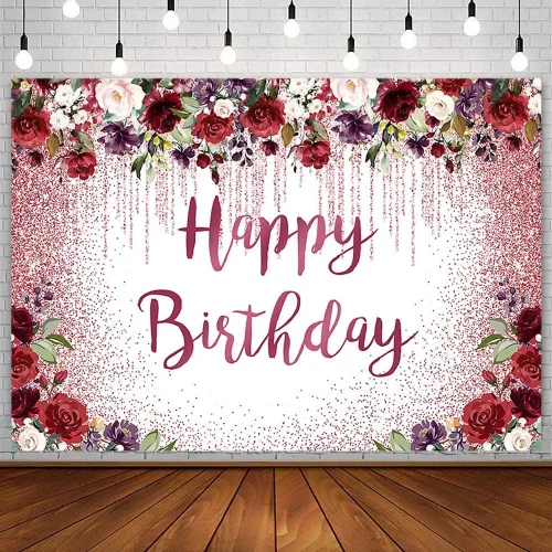 Vista 9 de Sendy Telón de fondo de feliz cumpleaños de 7 x 5 pies con purpurina dorada para decoración de fiesta de cumpleaños para niña y mujer, princesa, Rosa