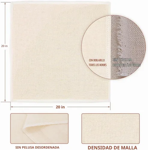 Vista 2 de 3 piezas de gasa reutilizable para colar de 20 x 20 pulgadas, gasas de grado 100 con bordes dobladillados, 100% algodón sin blanquear, colador