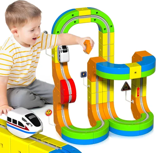 Vista 7 de Juego de Tren Eléctrico para Niños, Set de Pista de Carreras 3D de 69 Piezas con Tren Eléctrico, Señales de Tráfico, Set de Juguetes de Tren STEM