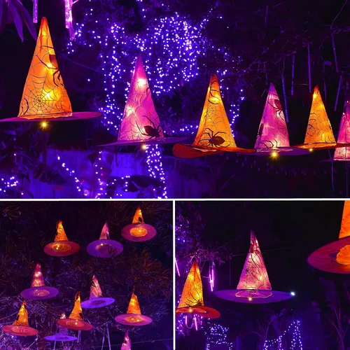 Vista 2 de WATERGLIDE Decoraciones de Halloween, 8 sombreros de bruja colgantes iluminados, con 8 modos de iluminación, cadena de luces de Halloween de 16